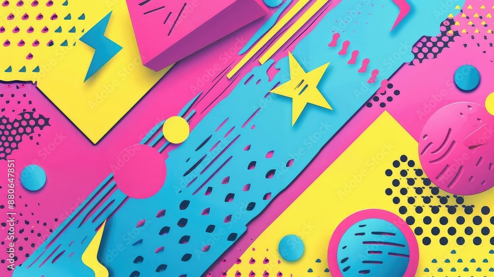 Create a seamless Memphis style pattern with bright colors and simple geometric shapes. The pattern should have a retro 80s vibe. Create a seamless Memphis style pattern with bright colors and simple geometric shapes. The pattern should have a retro 80s vibe.