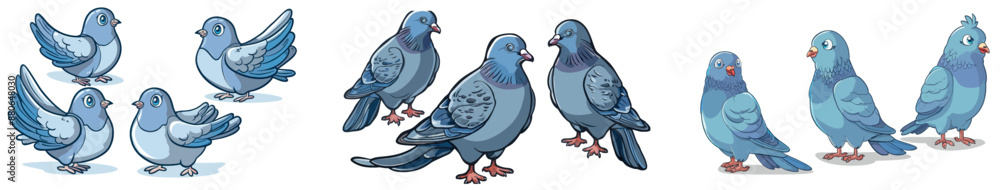 Cartoon illustration of cute sleepy dove sitting, standing, running, scared big eyes, feather flying in the air, funny mascots design. Cartoon illustration of cute sleepy dove sitting, standing, running, scared big eyes, feather flying in the air, funny mascots design.