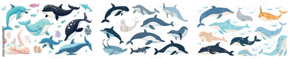 Set of polar water animals isolated on white background. Cartoon illustration showing whales, narwhals, orcas, belugas, dolphins, underwater wildlife elements. Set of polar water animals isolated on white background. Cartoon illustration showing whales, narwhals, orcas, belugas, dolphins, underwater wildlife elements.