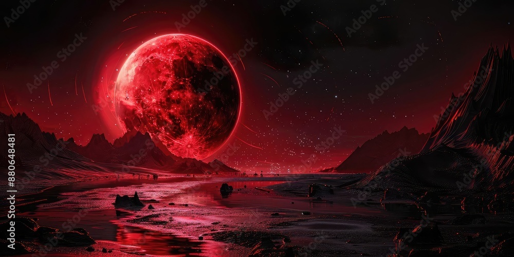 A dark and mysterious landscape with a large red moon in the background. The moon is casting a red glow over the landscape, and there are mountains and rocks in the foreground. A dark and mysterious landscape with a large red moon in the background. The moon is casting a red glow over the landscape, and there are mountains and rocks in the foreground.