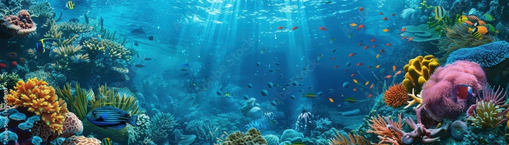 Fototapeta premium Enchanting Underwater Fantasy: Vibrant Coral Reefs and Exotic Fish in Aquatic Paradise