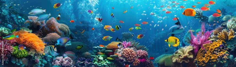 Naklejka premium Tranquil Underwater Oasis: Vibrant Coral Reefs and Tropical Fish in Aquatic Paradise