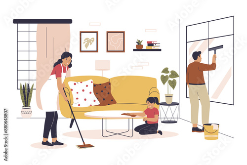 Flat design of family cleaning house together. Illustrations for websites, landing pages, mobile applications, posters and banners. Trendy flat vector illustration