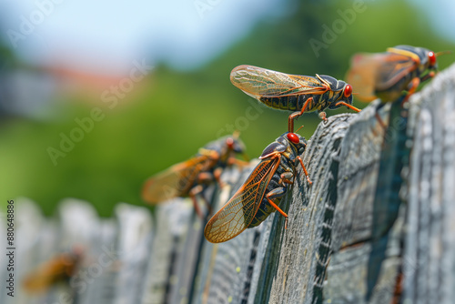 Cicadas on a wooden fence, closeup photo