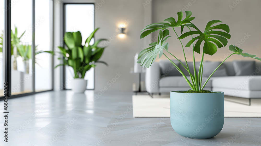 Fototapeta premium A large blue plant sits in a pot on a tile floor in a living room