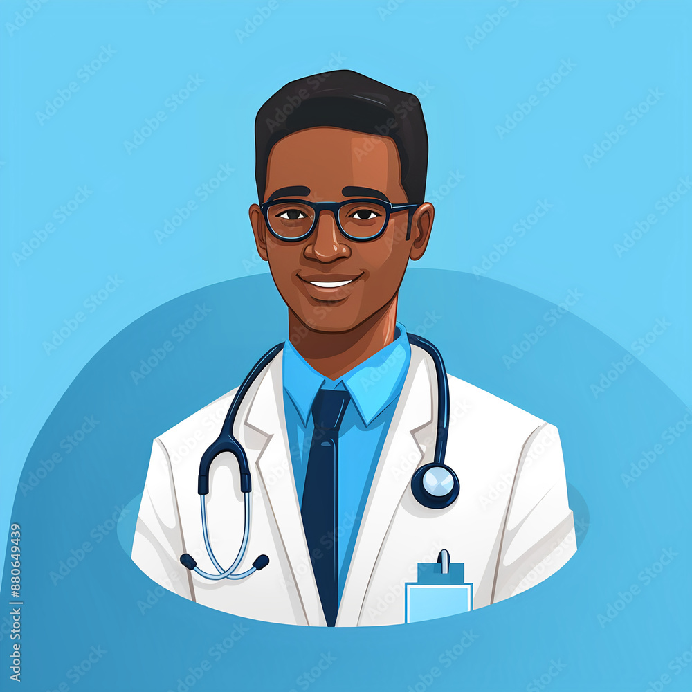 Fototapeta premium african american Doctor icon in uniform. Flat style male. Brunette with brown eyes, dark skin. Avatar of a doctor. Flat style illustration. portrait