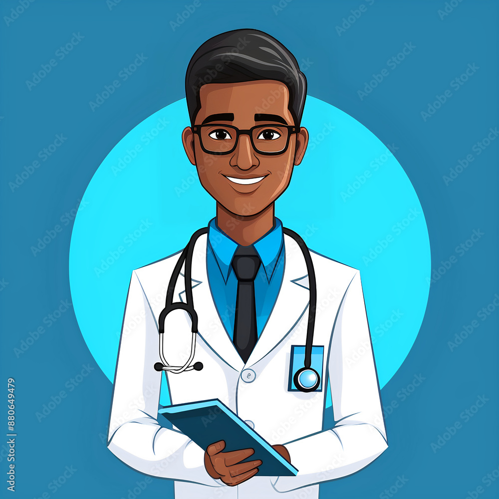 Fototapeta premium african american Doctor icon in uniform. Flat style male. Brunette with brown eyes, dark skin. Avatar of a doctor. Flat style illustration.