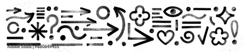 Grungy line vector brush strokes. Black hand drawn stripes, smears. Childish abstract playful organic brushstrokes set. Rough grunge thick paint line texture. Vector sketch kids icons