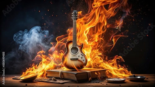 Flames engulf a assortment of objects, including a guitar, book, and clock, on a dark black background, surrounded by fiery sparks and smoke.