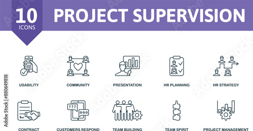 Project Supervision thin line icon set. Usability, Community, Presentation, Hr Planning, Hr Strategy, Contract, Customers Respond, Team Building, Team Spirit, Project Management icons.