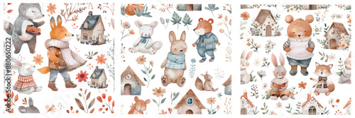 Watercolor illustration pattern of nursery rhyme animals for children and babies featuring Humpty Dumpty and others.