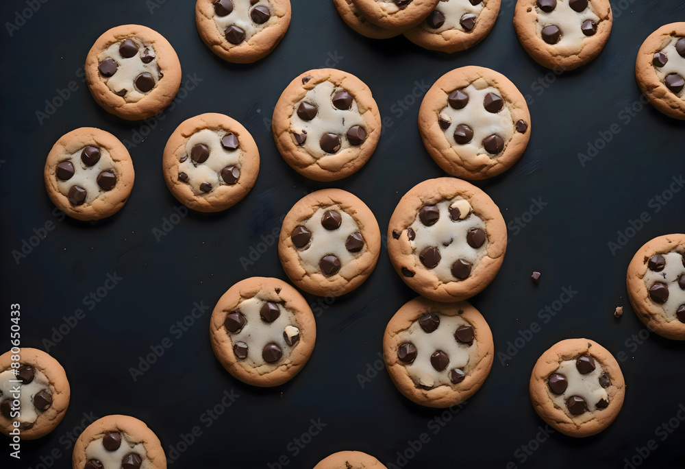Top view of chocolate chip cookies on black background with space for text Top view of chocolate chip cookies on black background with space for text