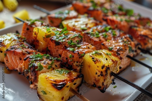 closeup food - hot juicy mouthwatering Pineapple Salmon Skewers photo