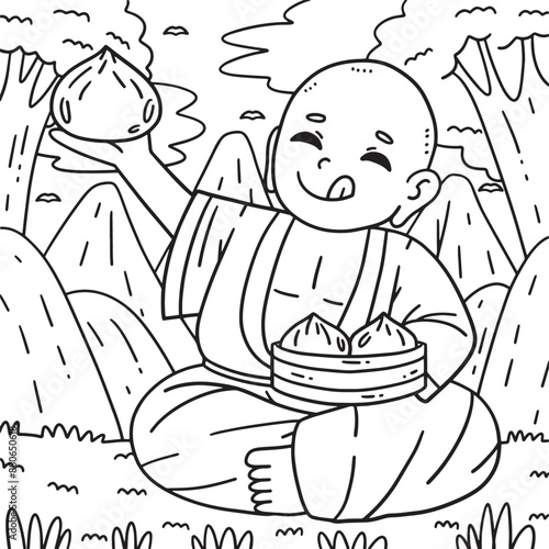 Buddhism Buddha Eating Bao Buns Coloring Page