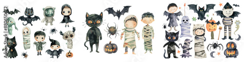 An illustration set with a pumpkin, mummy, spider, and bat to celebrate Halloween