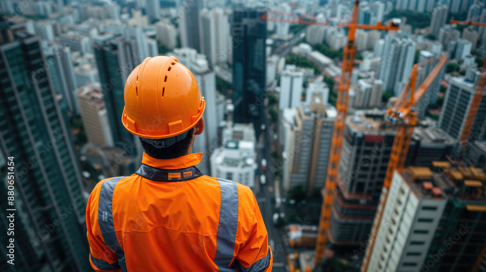 Construction worker looking at modern city skyline Construction worker looking at modern city skyline