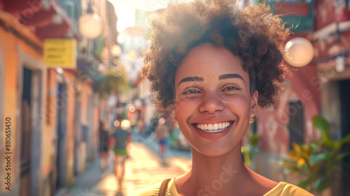 Young woman smiling while walking on a street during summer vacation