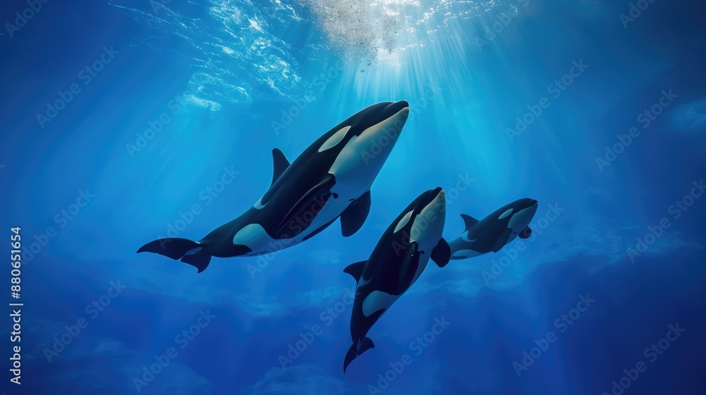 Obraz premium A family of orca whales swim underwater in beautiful sunlight. Wild underwater world concept