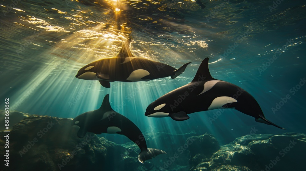 Obraz premium A family of orca whales swim underwater in beautiful sunlight. Wild underwater world concept
