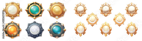 Fantasy avatar frame with ui rank border badge icon. Gold round level achievement ring set with stones and metals. Empty gold and white reward graphic cartoon