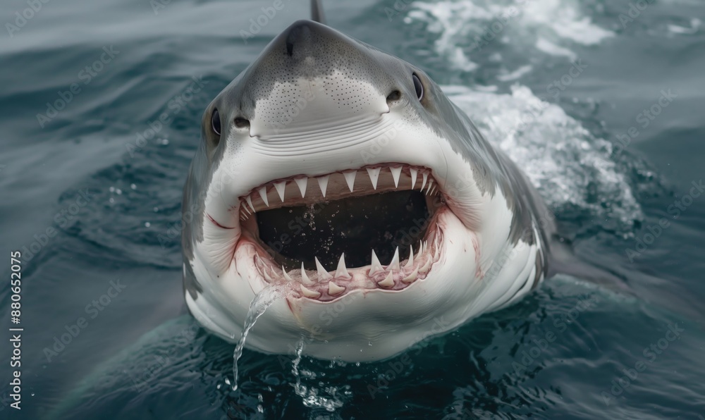 Naklejka premium A shark with big teeth jumps out of the water. Concept of the underwater wildlife