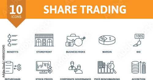 Share Trading thin line icon set. Benefits, Storefront, Business Risks, Margin, Bid, Repurchase, Stock Prices, Corporate Governance, Peer Benchmarking, Accretion icons.