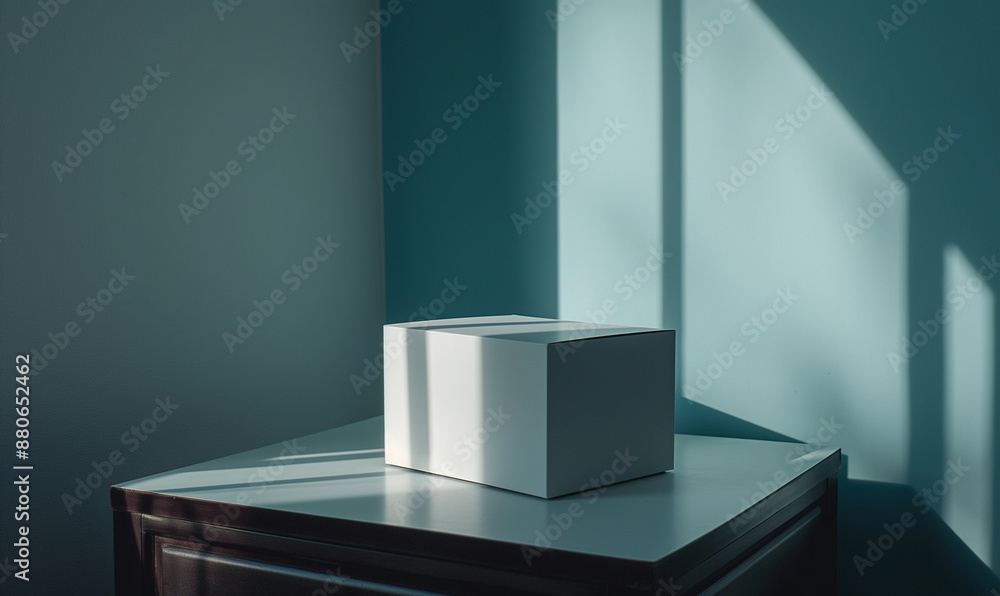 Fototapeta premium A white box sitting on top of a table next to a wall