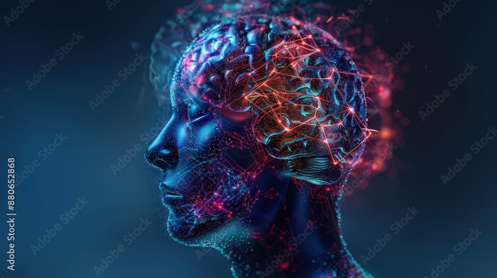 Head of person and neural network of brain with a problematic areas, Psychic waves concept. Head of person and neural network of brain with a problematic areas, Psychic waves concept.