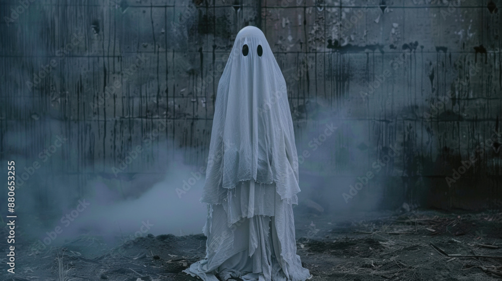 A ghostly figure stands in front of a wall with smoke and water stains A ghostly figure stands in front of a wall with smoke and water stains