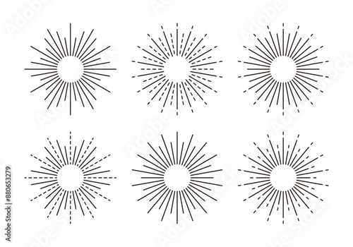 Set of radial circular line illustrations in simple, modern, geometric and abstract design of fireworks, firecrackers, light, rays and beam effect concepts.