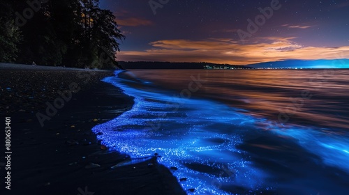 Tropical beach at night with glowing blue bioluminescent phytoplankton photo