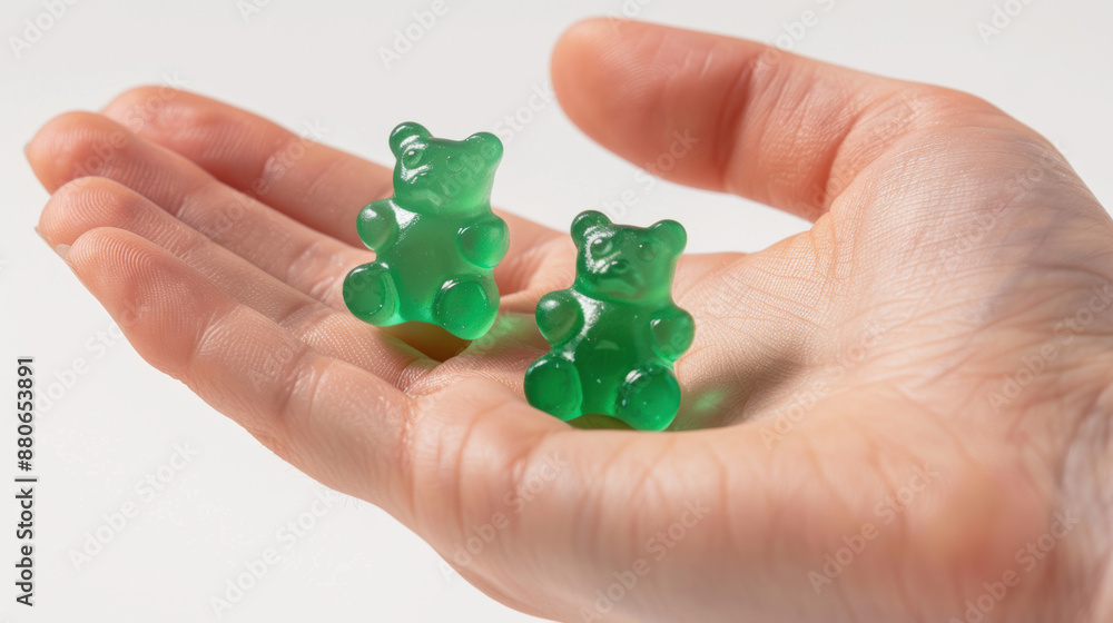 A hand holding two green gummy bears A hand holding two green gummy bears