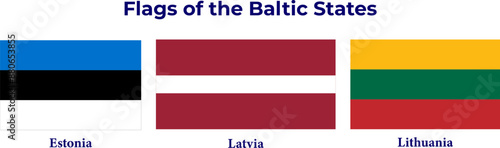 The official national flags of Baltic State. Flag of the Republic of Estonia. Flag of the Republic of Latvia. Flag of the Republic of Estonia. Correct proportions and colors. Vector illustration