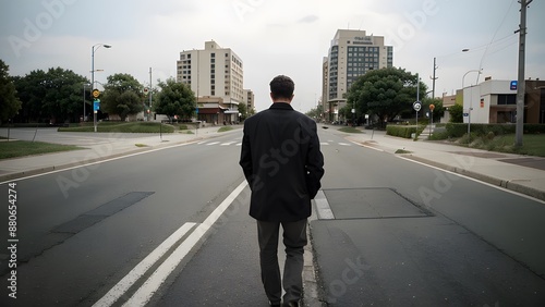 一人の男性が道路の真ん中を下を向きながら歩くイラスト