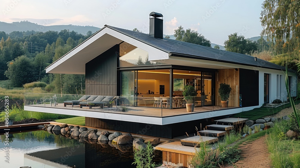 Modern house in the countryside, There is a balcony outside. Generative AI. Modern house in the countryside, There is a balcony outside. Generative AI.