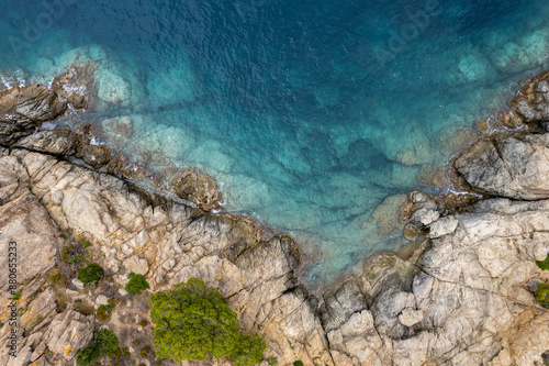 top down view of blue sea and rocks