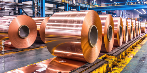 Copper sheets being processed and stored in metal rolling mill