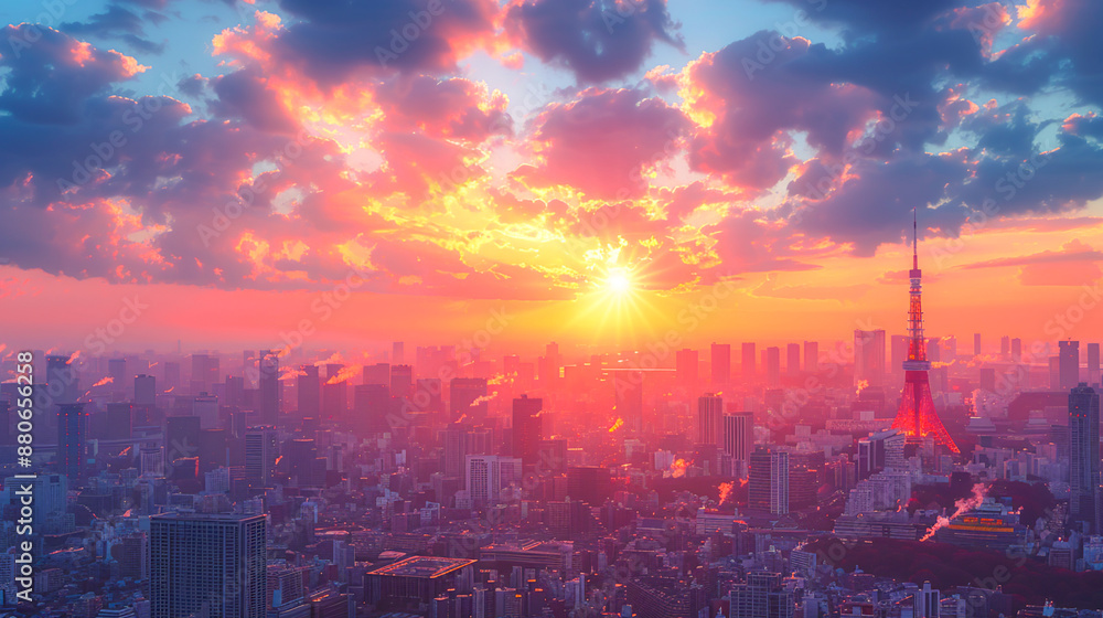 Fototapeta premium Dawn Cityscape - Vibrant Urban Scene