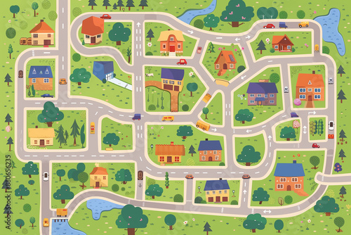 Simple just streets map, minimalist kids style, 2D style. Generative AI tools