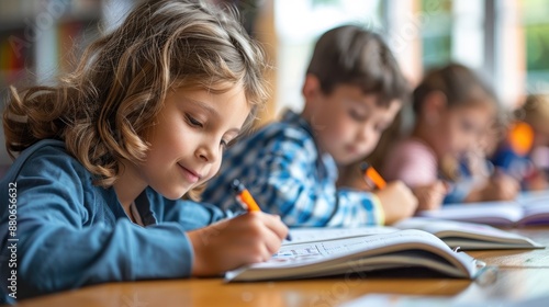 Children focused on writing at their desks in a brightly lit classroom.