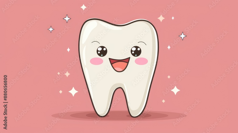 Happy anthropomorphic tooth smiling with rosy cheeks on pink background. Happy anthropomorphic tooth smiling with rosy cheeks on pink background.