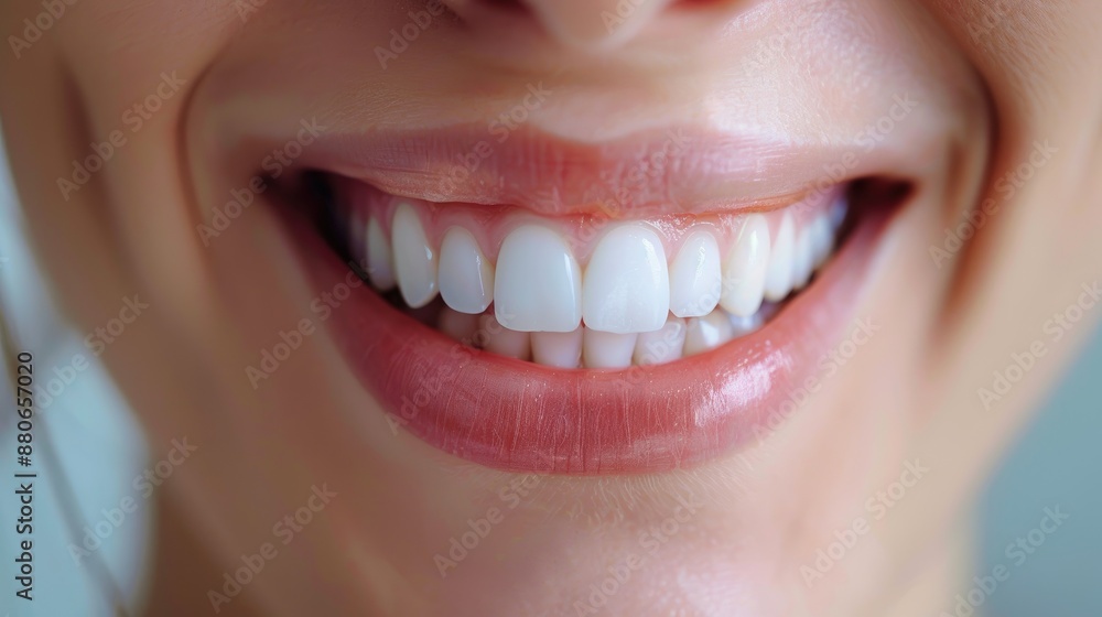 Close-up of a smiling mouth with perfect white teeth, glossy lips. Close-up of a smiling mouth with perfect white teeth, glossy lips.
