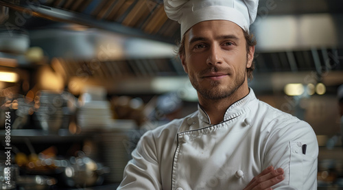 Portrait of a chef in a beret and white outfit, standing confidently with arms crossed. Generative AI.