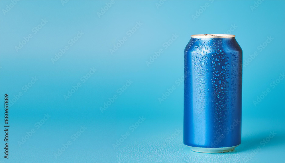 Blue aluminum can with water drops isolated on blue background. Carbonated soda. Tasty beverage. Blue aluminum can with water drops isolated on blue background. Carbonated soda. Tasty beverage.