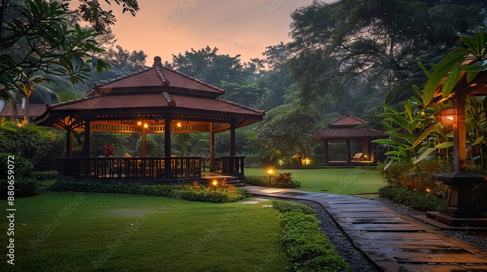 Traditional gazebo in serene garden Traditional gazebo in serene garden