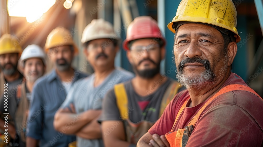 Industrial workers posing in a row during the work day Industrial workers posing in a row during the work day