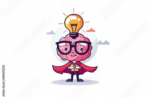 Illustration of a pink cartoon brain concept with glasses and a light bulb.