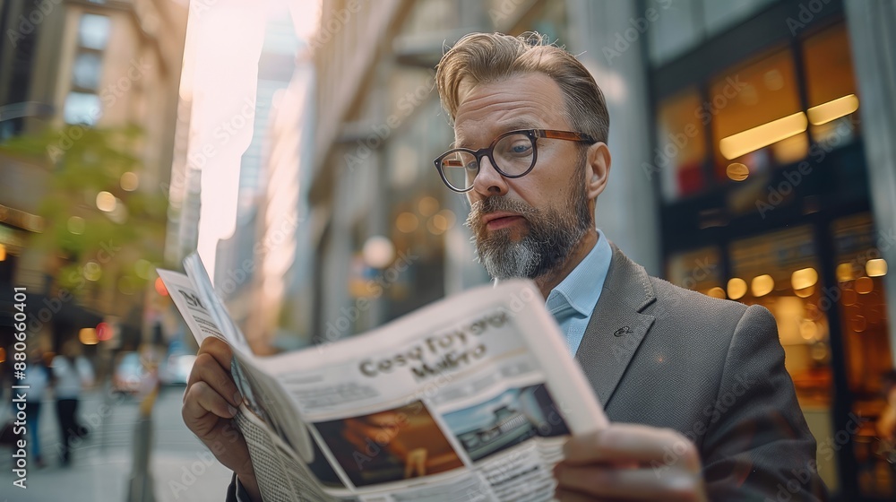 Entrepreneur reading newspaper outside office in city. Generative AI. Entrepreneur reading newspaper outside office in city. Generative AI.