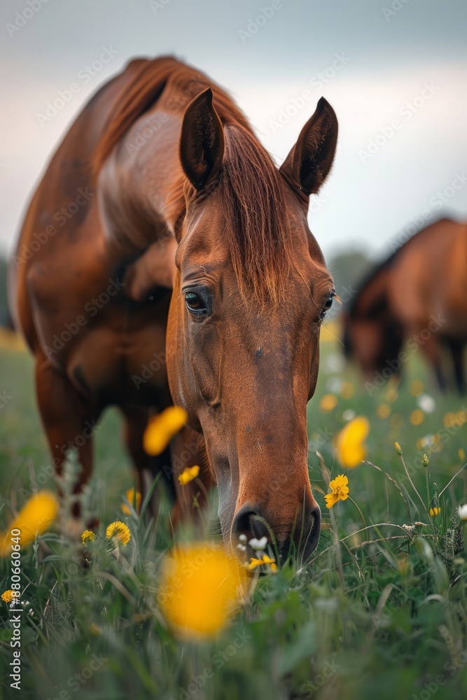 Obraz premium Brown Horse Grazing in a Field of Yellow Flowers