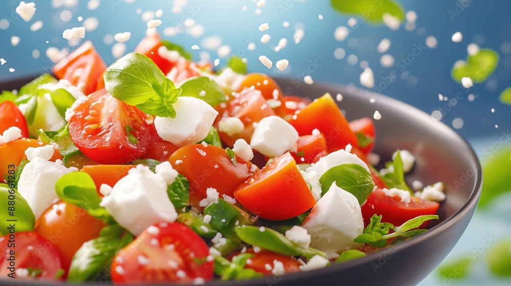 A vibrant bowl of fresh salad with cherry tomatoes, mozzarella cheese and basil leaves against a blue background, with splashes of water droplets. A vibrant bowl of fresh salad with cherry tomatoes, mozzarella cheese and basil leaves against a blue background, with splashes of water droplets.